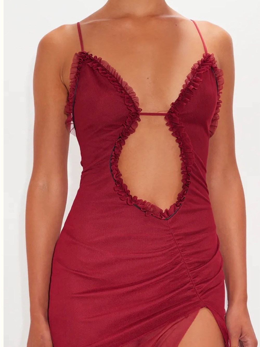 Pretty Little Thing Women's Burgundy Cutout Ruffle Slip Dress